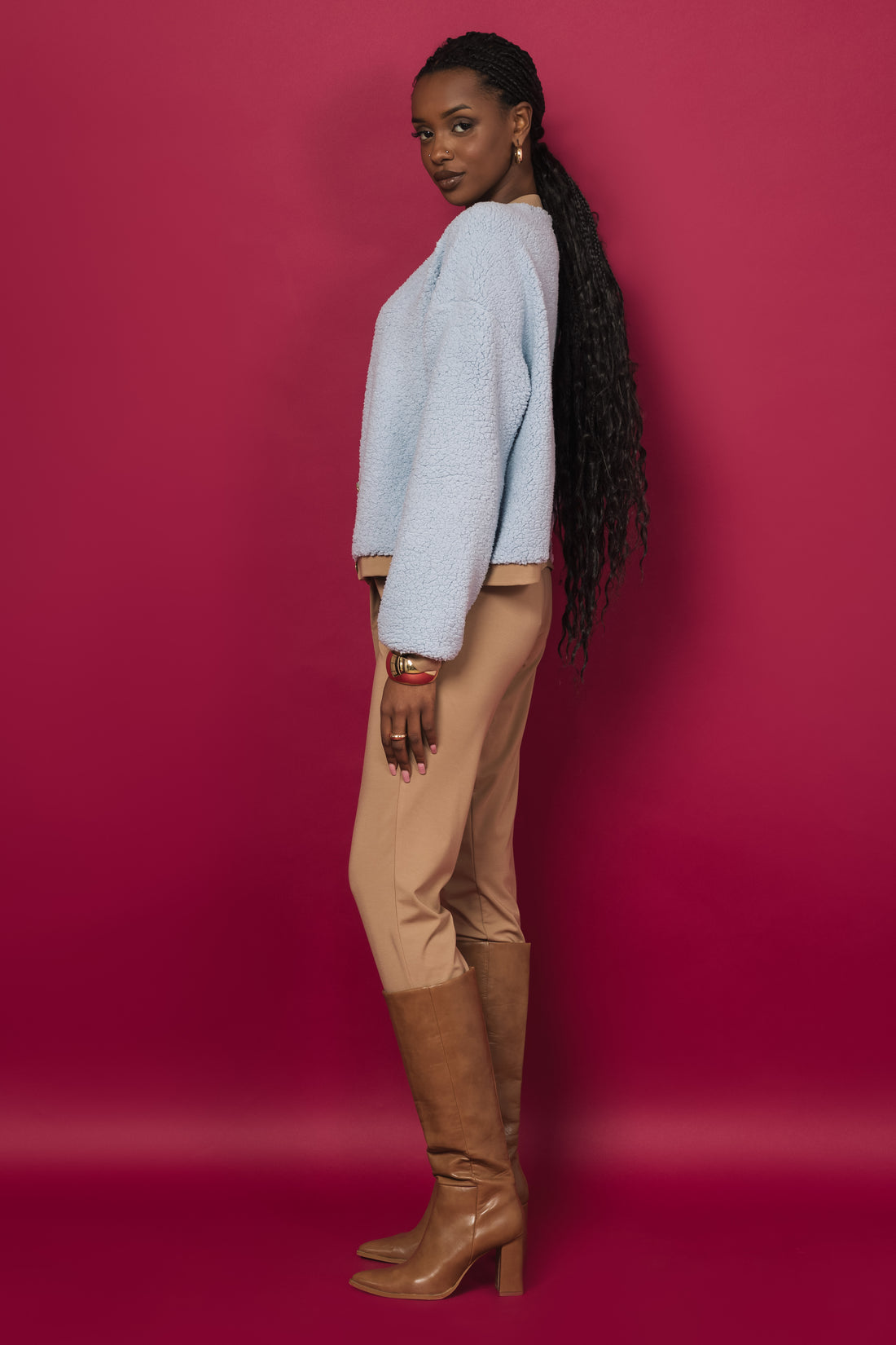 Teddy kardigán babakék/camel