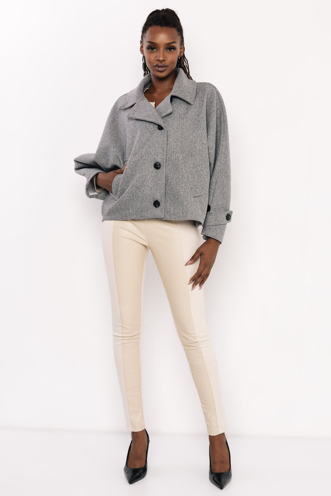 Nikozi szövet bő kiskabát melange szürke