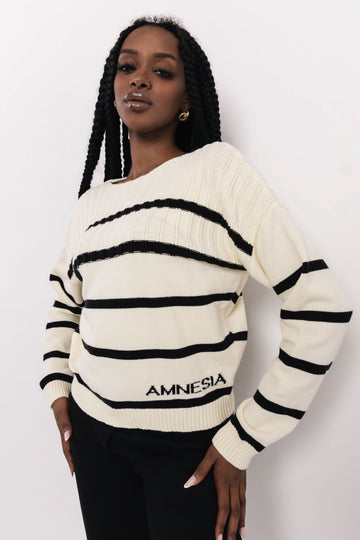 Csinszka csíkos pulóver ekrü/fekete