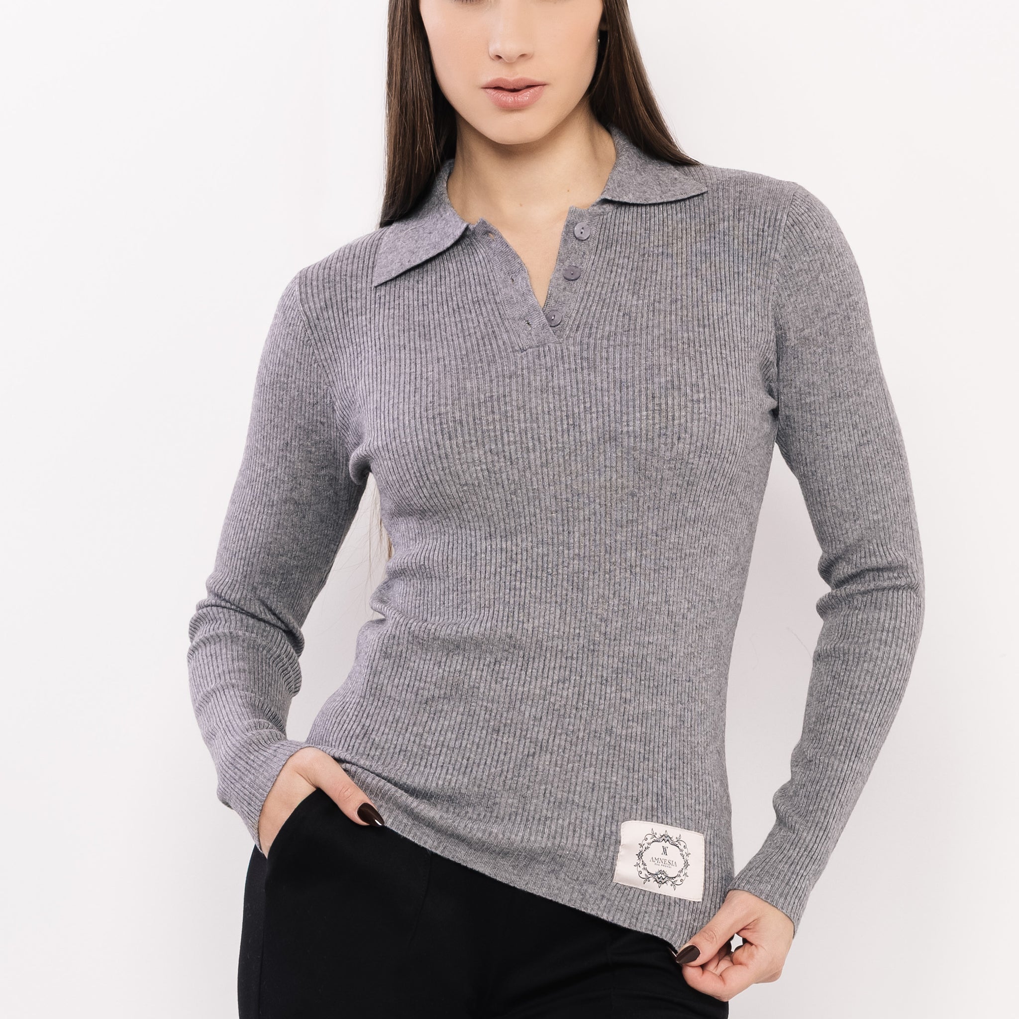 Galléros gombos pulcsi szürke