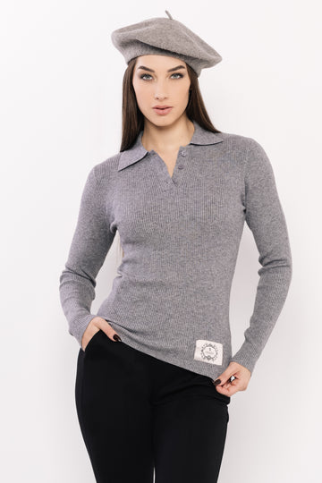 Galléros gombos pulcsi szürke