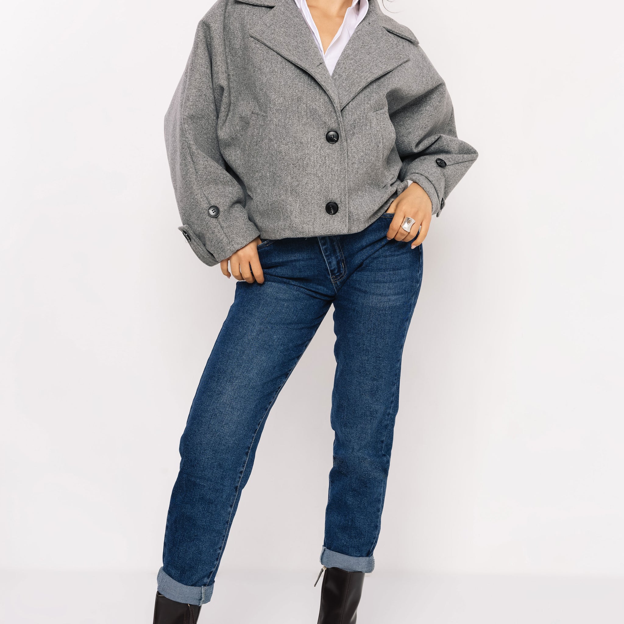 Nikozi szövet bő kiskabát melange szürke