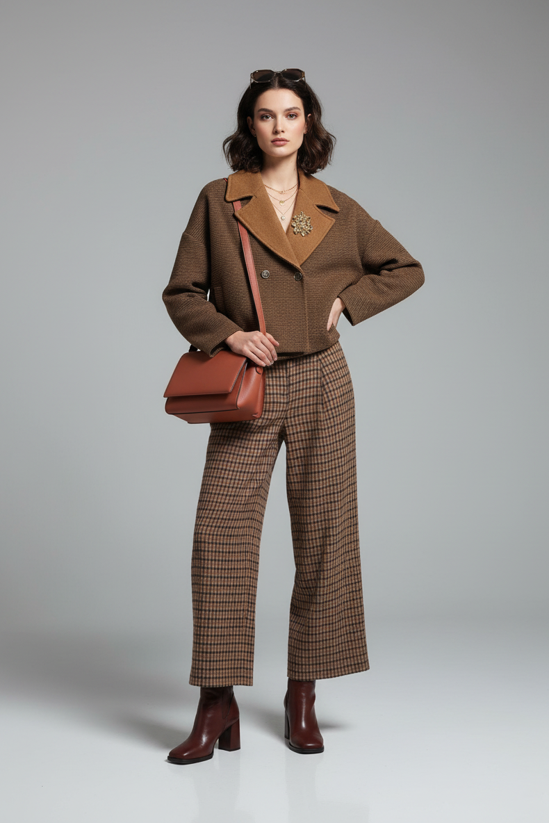 Kockás bő nadrág barna