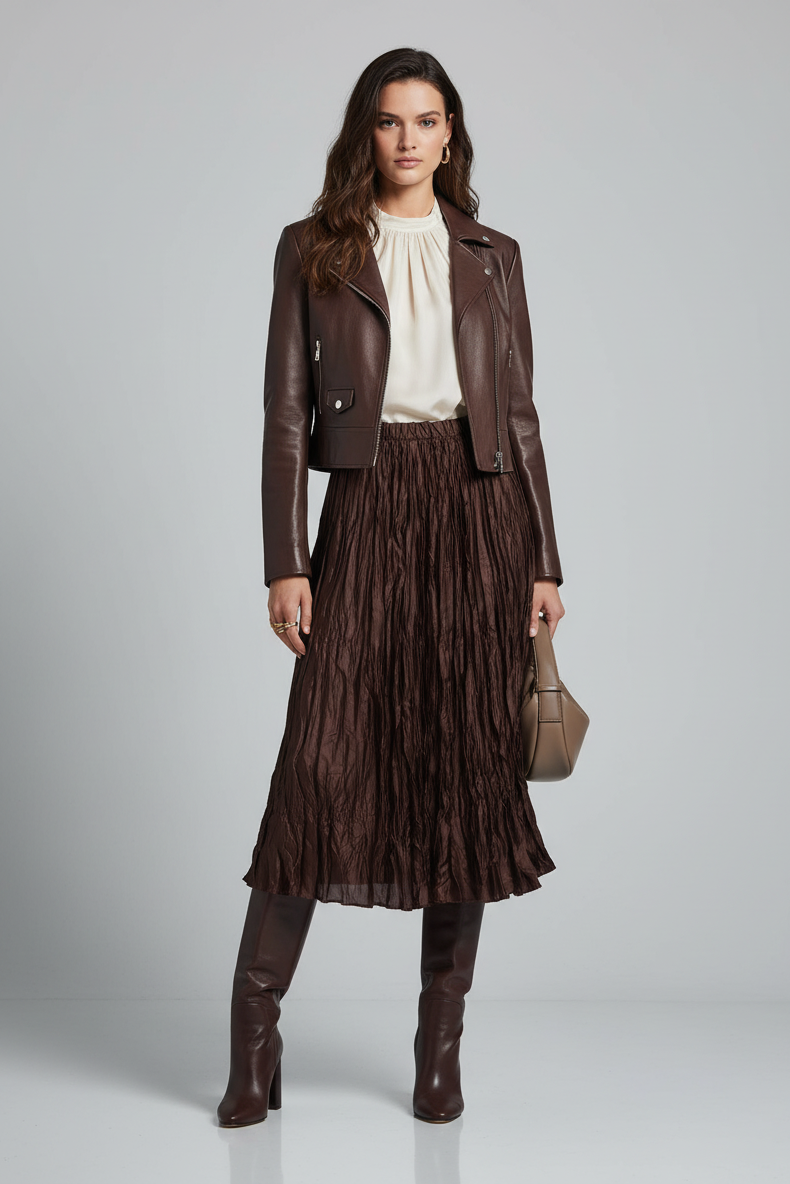 Gyűrt szatén szoknya barna